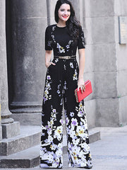 Black Floral Jumpsuit Short Sleeve Wide Leg Jumpsuit Mssza