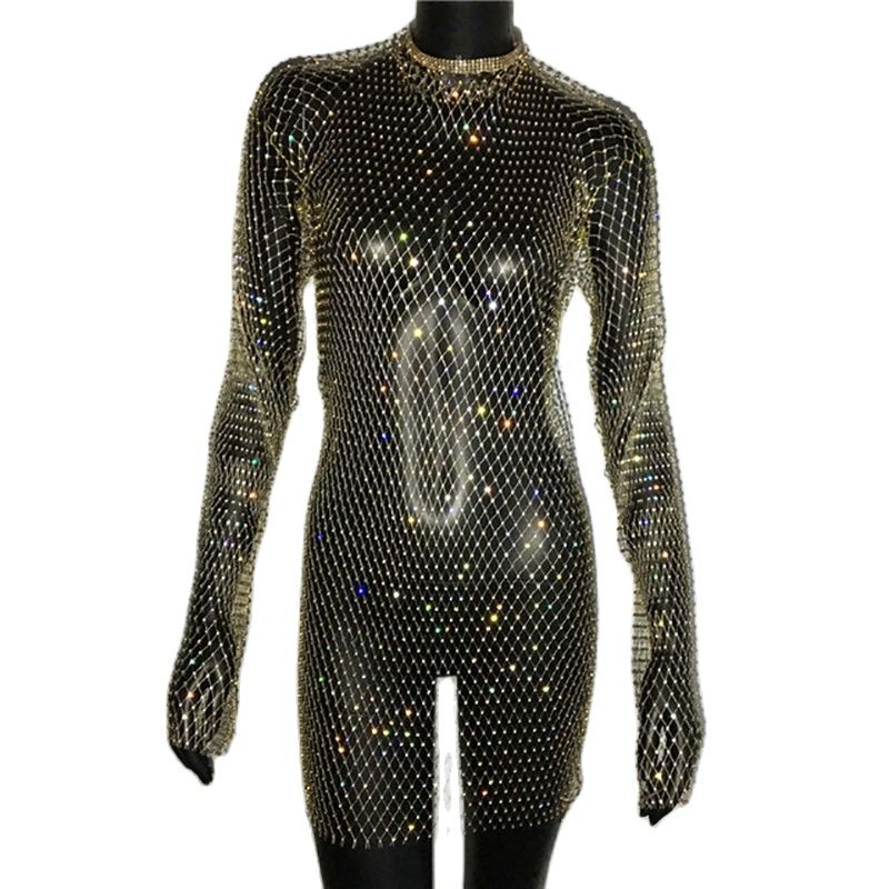 Bling Rhinestones Fishnet Mini Dress  Long Sleeve Crystal Dress Mssaz Desses