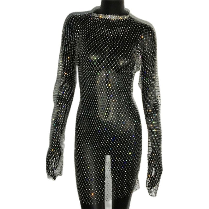 Bling Rhinestones Fishnet Mini Dress  Long Sleeve Crystal Dress Mssaz Desses