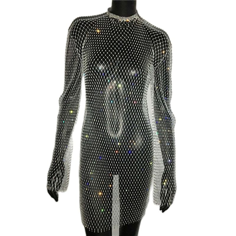 Bling Rhinestones Fishnet Mini Dress  Long Sleeve Crystal Dress Mssaz Desses
