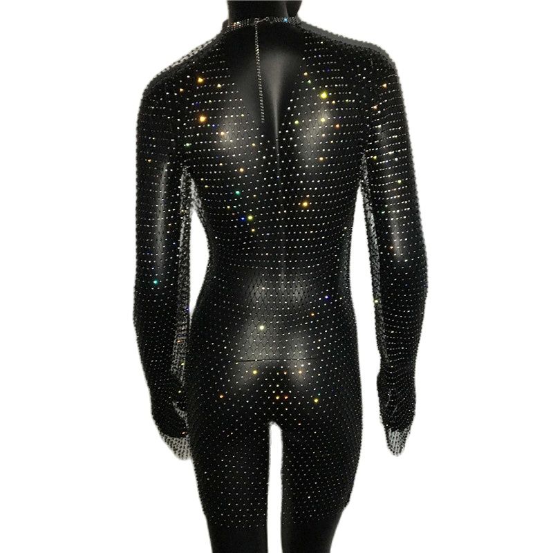 Bling Rhinestones Fishnet Mini Dress  Long Sleeve Crystal Dress Mssaz Desses