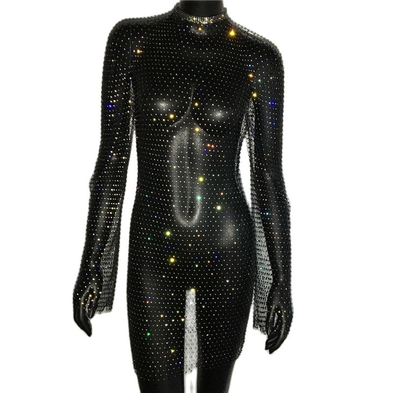 Bling Rhinestones Fishnet Mini Dress  Long Sleeve Crystal Dress Mssaz Desses