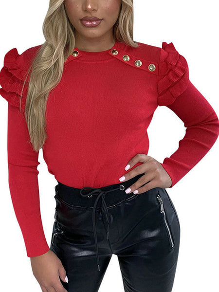 Blouse Buttons Jewel Neck Casual Long Sleeves Cotton Blend Tops Mssza