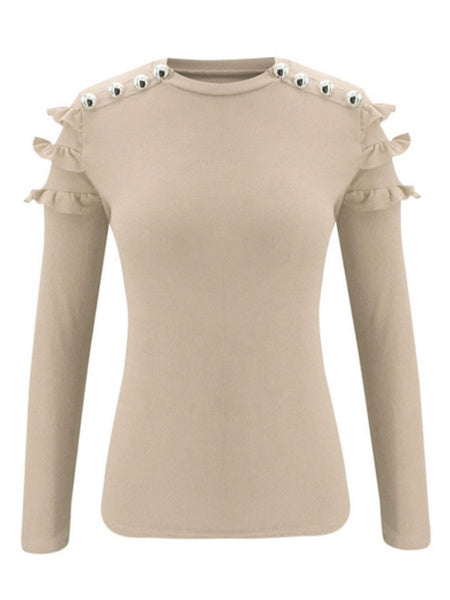 Blouse Buttons Jewel Neck Casual Long Sleeves Cotton Blend Tops Mssza