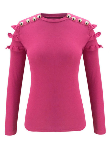 Blouse Buttons Jewel Neck Casual Long Sleeves Cotton Blend Tops Mssza
