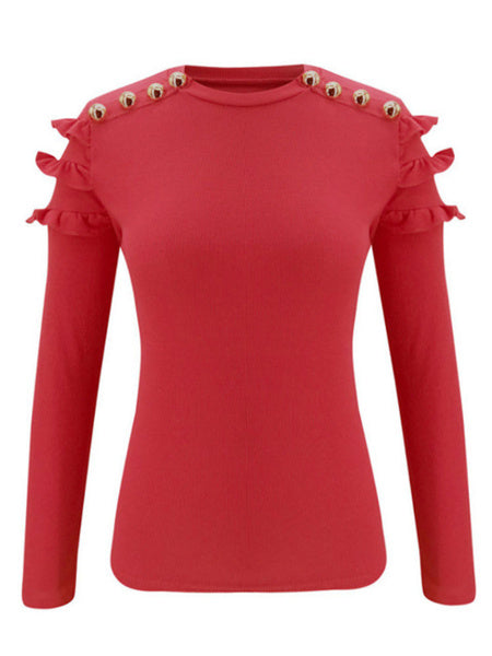 Blouse Buttons Jewel Neck Casual Long Sleeves Cotton Blend Tops Mssza