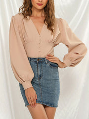 Blouse Buttons V Neck Puff Sleeves Vintage Tops Mssza