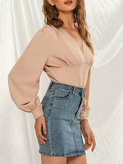 Blouse Buttons V Neck Puff Sleeves Vintage Tops Mssza