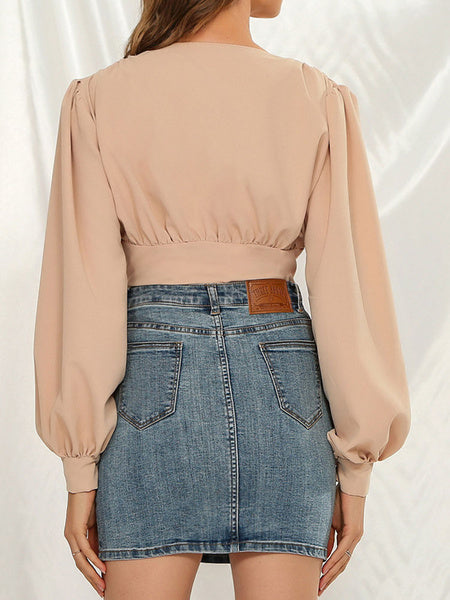 Blouse Buttons V Neck Puff Sleeves Vintage Tops Mssza