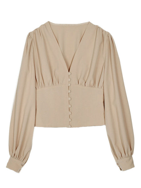 Blouse Buttons V Neck Puff Sleeves Vintage Tops Mssza