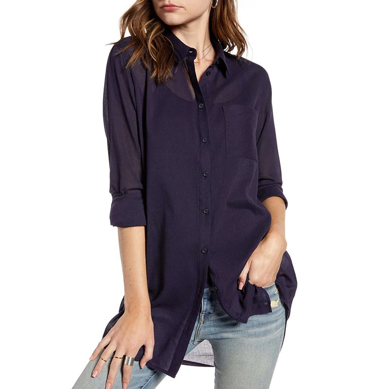 Turn Down Collar Tunic Casual Loose Long Sleeve Shirt Mssza