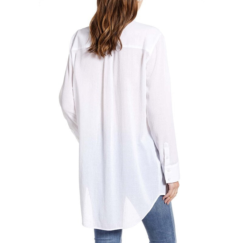 Turn Down Collar Tunic Casual Loose Long Sleeve Shirt Mssza