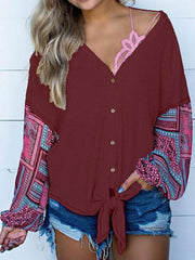 Blouse Cotton Blend V Neck Casual Long Sleeves Tops Mssza