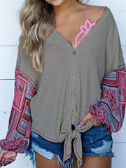 Blouse Cotton Blend V Neck Casual Long Sleeves Tops Mssza