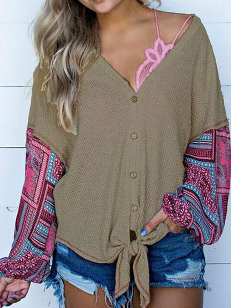 Blouse Cotton Blend V Neck Casual Long Sleeves Tops Mssza