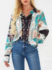 Blouse Floral Print Buttons Turndown Collar Classic Long Sleeves Polyester Shirt Mssza
