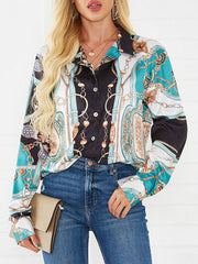 Blouse Floral Print Buttons Turndown Collar Classic Long Sleeves Polyester Shirt Mssza