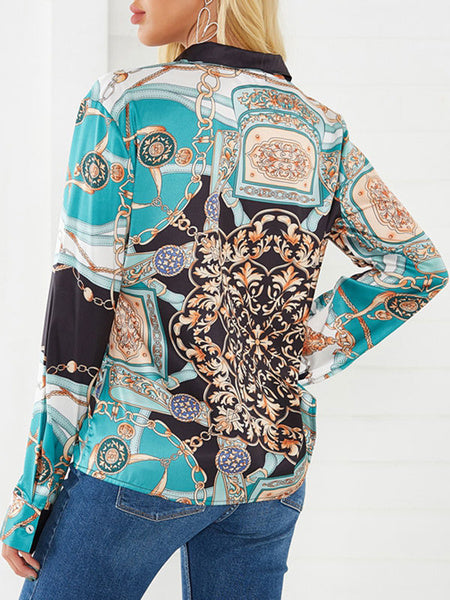 Blouse Floral Print Buttons Turndown Collar Classic Long Sleeves Polyester Shirt Mssza