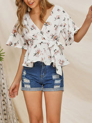 Blouse Floral Print V-Neck Casual Half Sleeves Polyester Tops Mssza