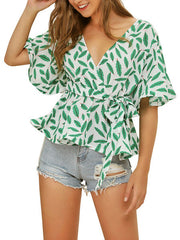 Blouse Floral Print V-Neck Casual Half Sleeves Polyester Tops Mssza