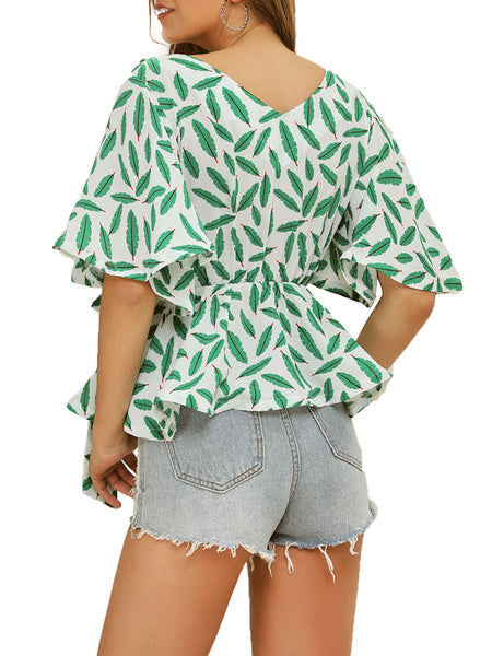 Blouse Floral Print V-Neck Casual Half Sleeves Polyester Tops Mssza