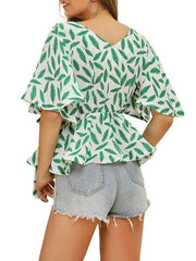 Blouse Floral Print V-Neck Casual Half Sleeves Polyester Tops Mssza