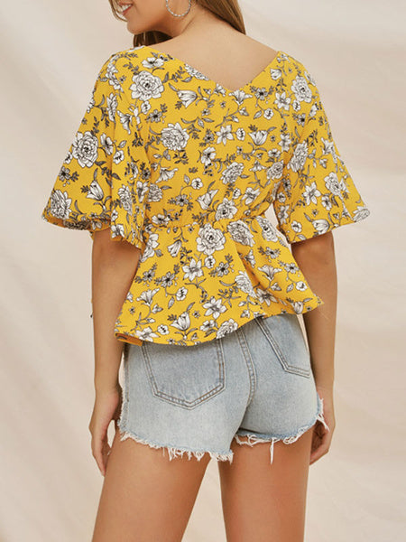 Blouse Floral Print V-Neck Casual Half Sleeves Polyester Tops Mssza