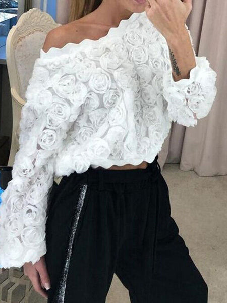 Flower Jewel Neck Long Sleeves Blouse Mssza