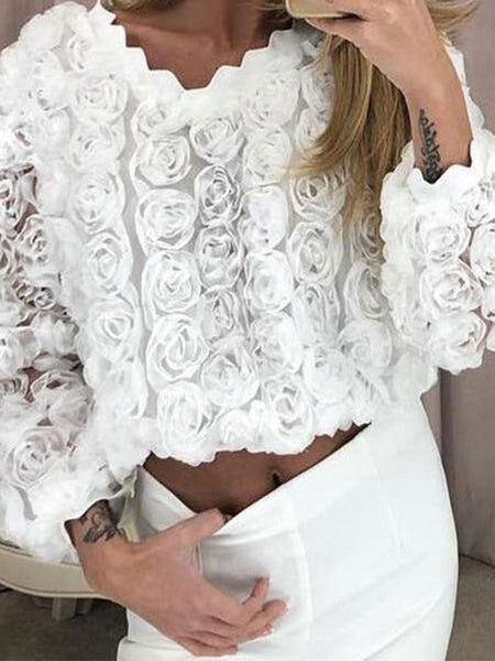 Flower Jewel Neck Long Sleeves Blouse Mssza