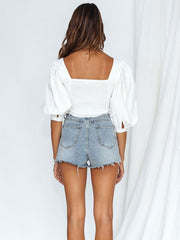Blouse Heart Neck Short Puff Sleeve Polyester Tops Mssza