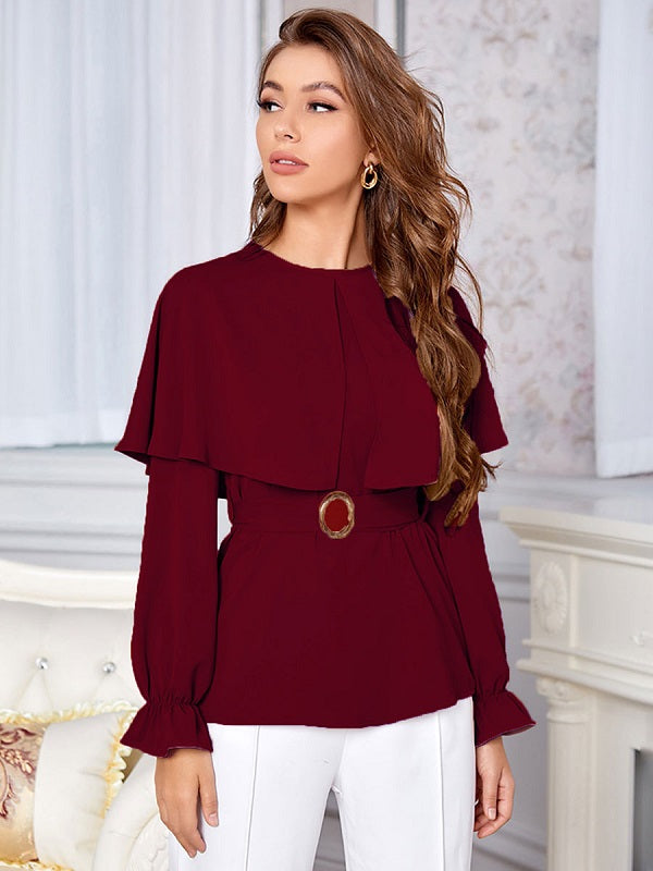 Blouse Jewel Neck Long Sleeves Polyester Casual Tops Mssza