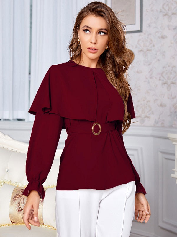 Blouse Jewel Neck Long Sleeves Polyester Casual Tops Mssza