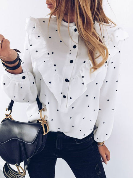 Blouse Polka Dot Buttons Ruffle Long Sleeves Tops Mssza