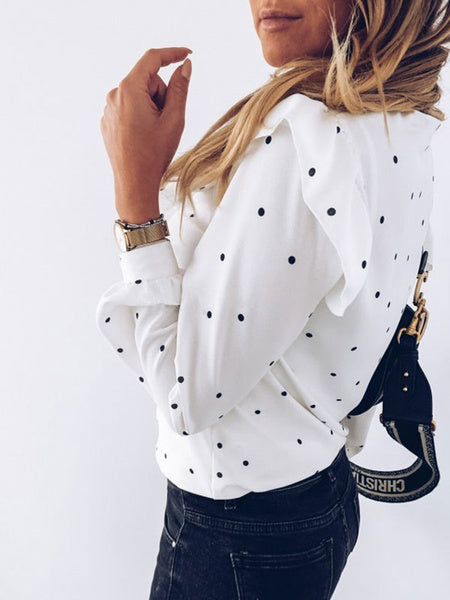 Blouse Polka Dot Buttons Ruffle Long Sleeves Tops Mssza