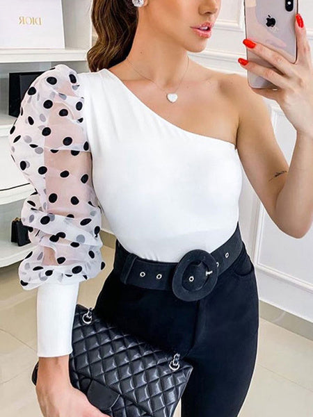 Blouse Polka Dot Sheer Puff Sleeves Tops Mssza