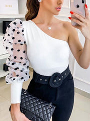 Blouse Polka Dot Sheer Puff Sleeves Tops Mssza