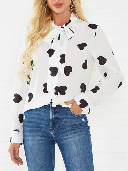 Blouse Polyester Stand Collar Layered Casual Geometric Lace Up Long Sleeves Tops Mssza