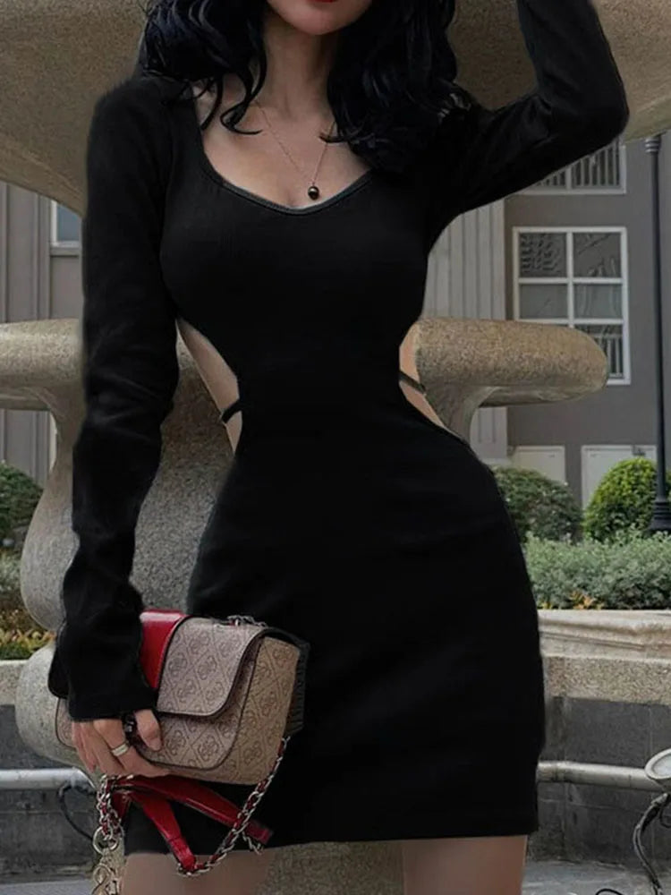 Spring Backless V Neck Lace Up Long Sleeve  Cut Out Dress Mssaz Desses