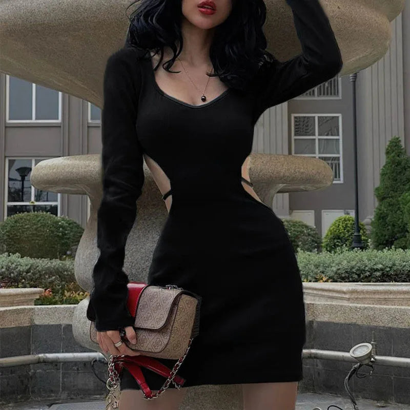 Spring Backless V Neck Lace Up Long Sleeve  Cut Out Dress Mssaz Desses