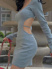 Spring Backless V Neck Lace Up Long Sleeve  Cut Out Dress Mssaz Desses
