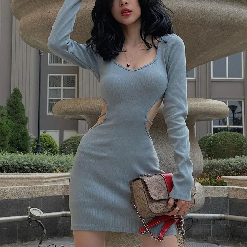 Spring Backless V Neck Lace Up Long Sleeve  Cut Out Dress Mssaz Desses