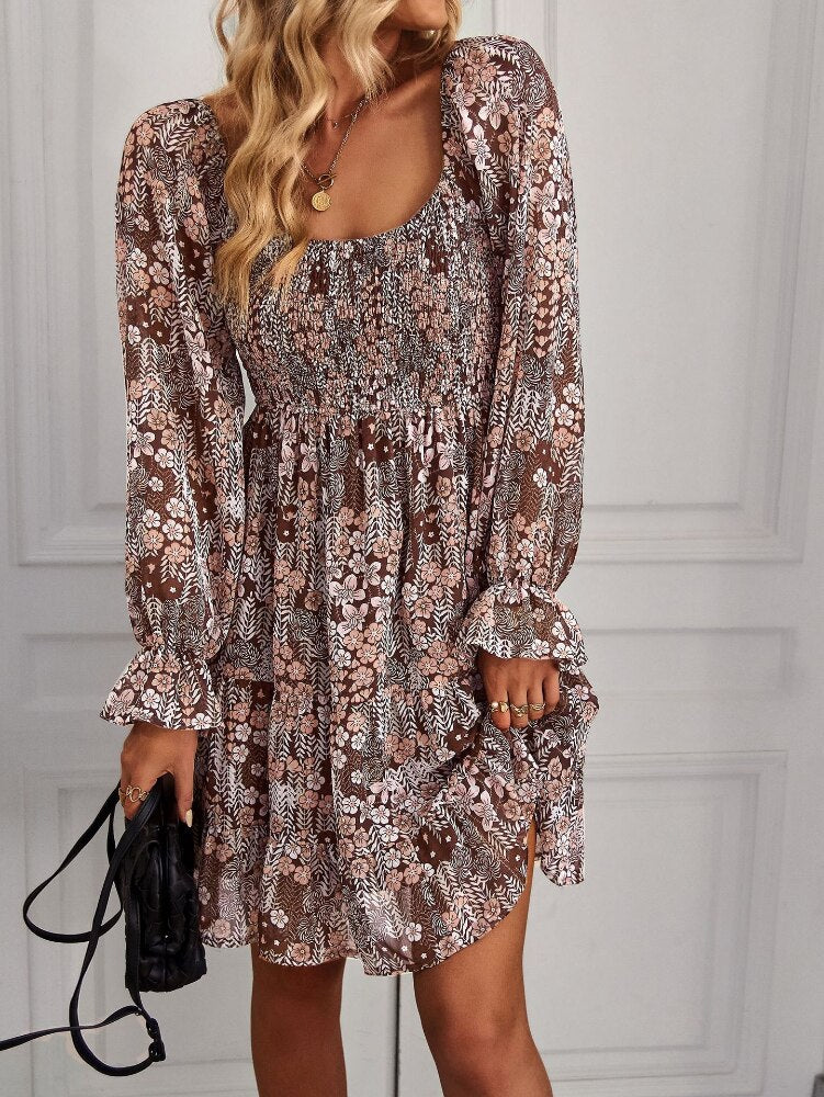 Bohemia Floral Print Ruffles Elastic Waist Mini Dress Mssaz Desses
