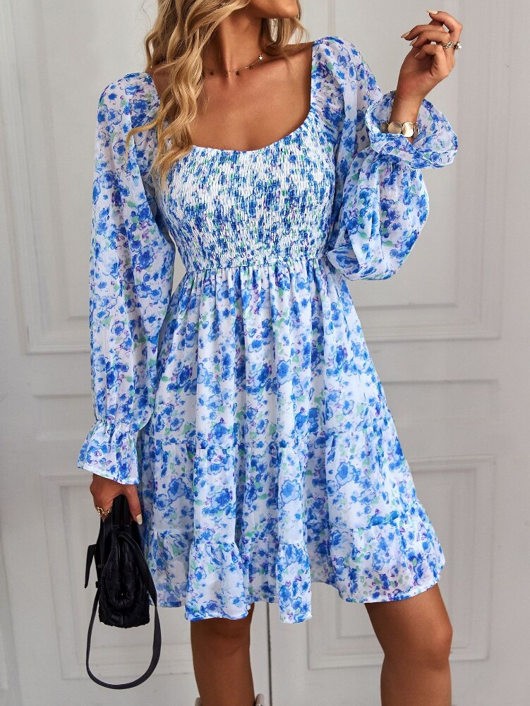 Bohemia Floral Print Ruffles Elastic Waist Mini Dress Mssaz Desses
