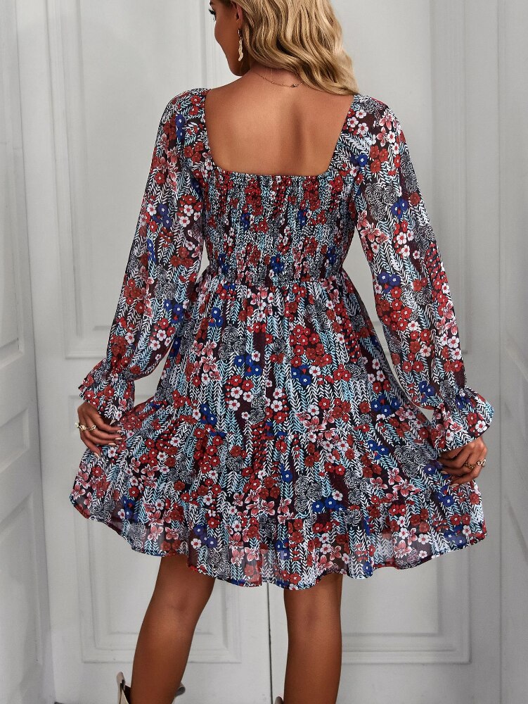 Bohemia Floral Print Ruffles Elastic Waist Mini Dress Mssaz Desses