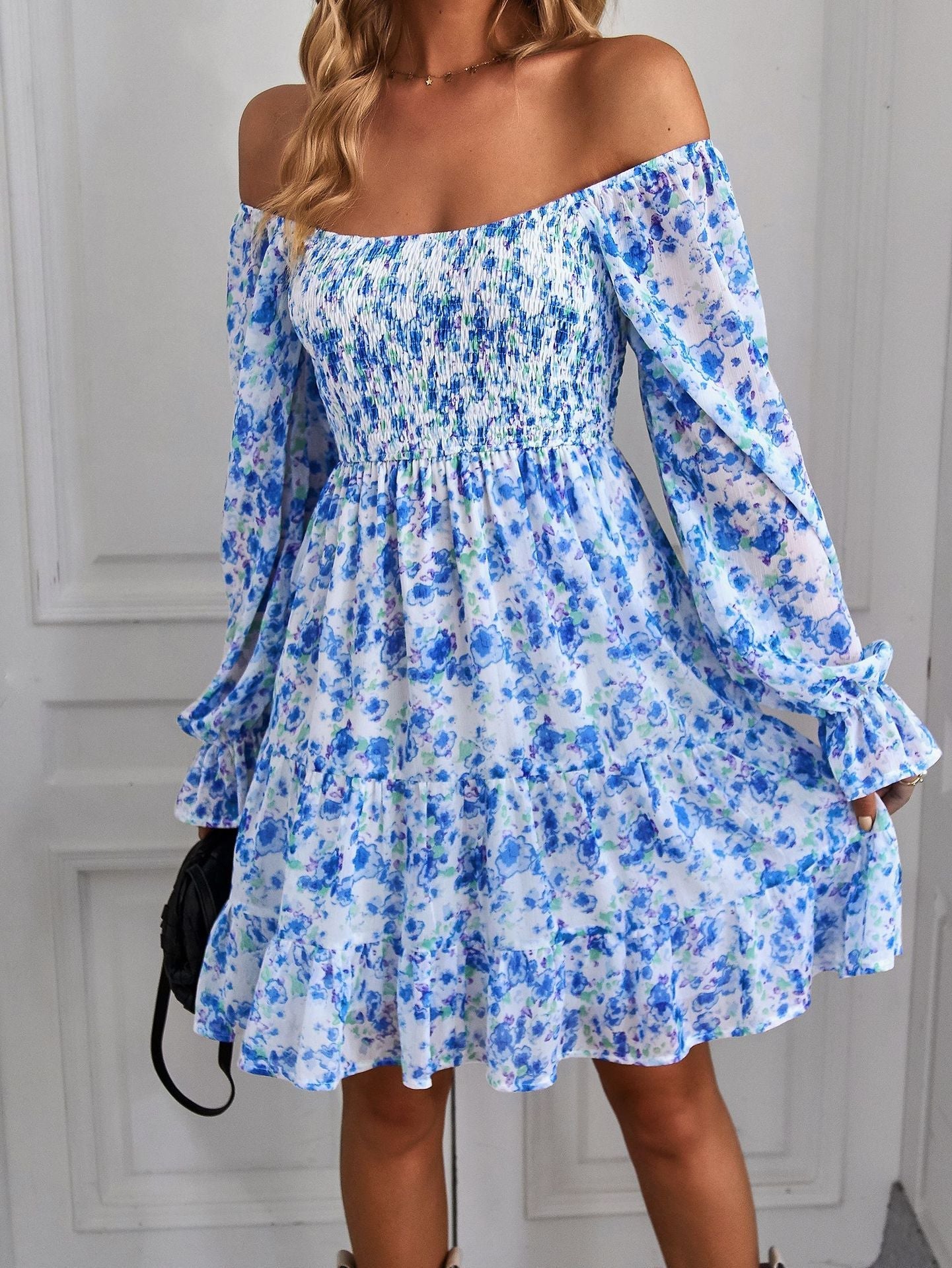 Bohemia Floral Print Ruffles Elastic Waist Mini Dress Mssaz Desses