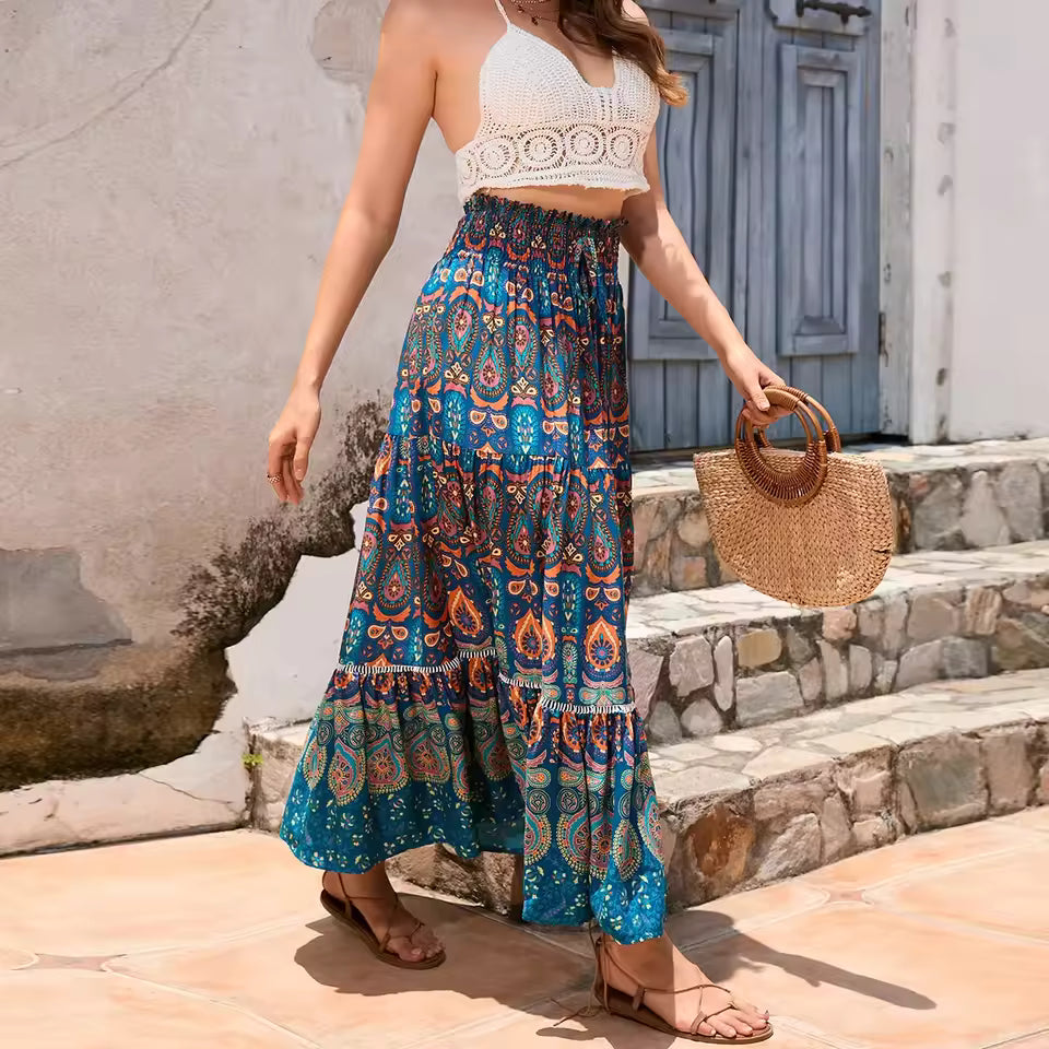 Bohemian A-Line Animal Floral Print High Elastic Waist Beach Style Skirt Mssza