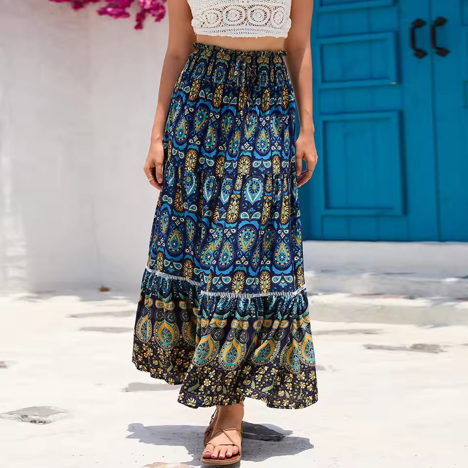 Bohemian A-Line Animal Floral Print High Elastic Waist Beach Style Skirt Mssza