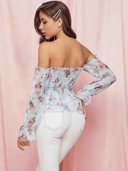 Bohemian Blouse Polyester Bateau Neck Open Shoulder Floral Print Long Sleeves Tops Mssza