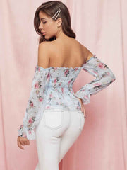 Bohemian Blouse Polyester Bateau Neck Open Shoulder Floral Print Long Sleeves Tops Mssza