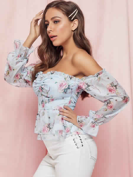 Bohemian Blouse Polyester Bateau Neck Open Shoulder Floral Print Long Sleeves Tops Mssza